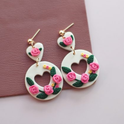 Rose Flowers Cherry Glitter Polymer Clay Earrings